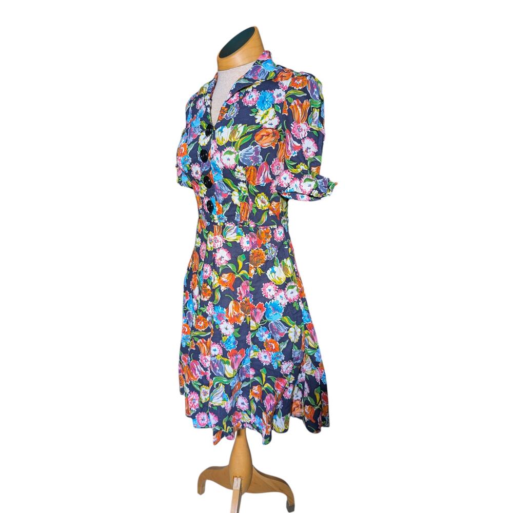 Vtg 1970s Elkont Black Colorful Floral Print Collared Button Front Mini Dress 6